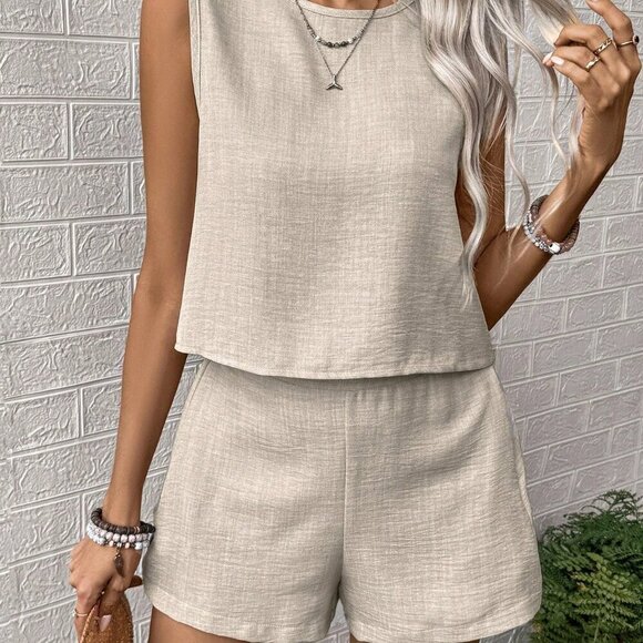 Apricot Casual Women's Solid Color Top And Shorts Set - Picture 3 of 6